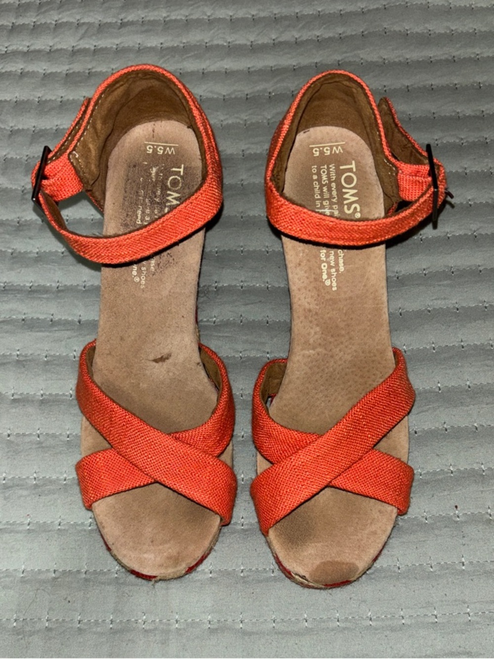 TOMS Canvas Wedge Ankle Strap Sandals - Coral Orange - W5.5